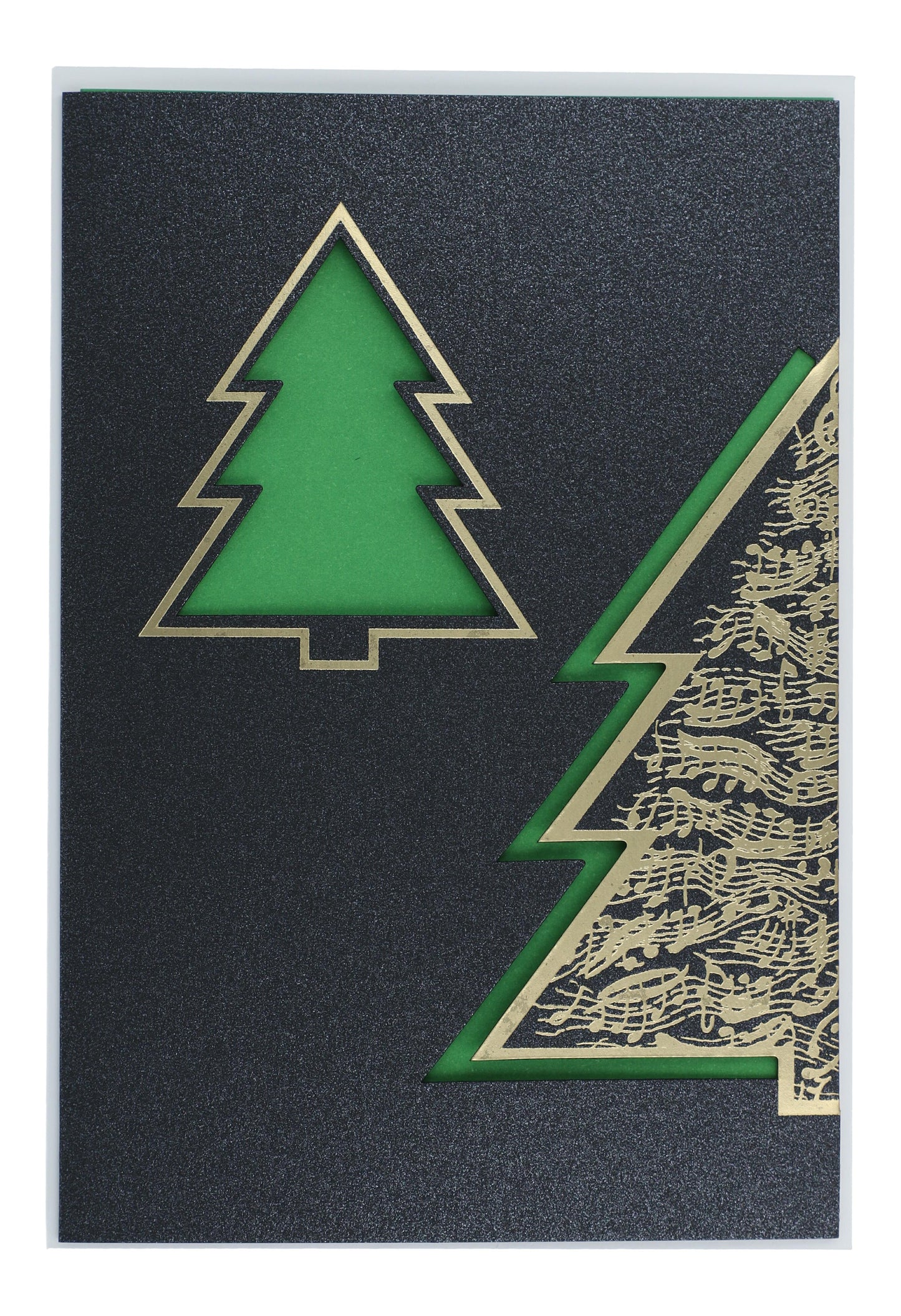 Double card Christmas tree with music lines, green-gold