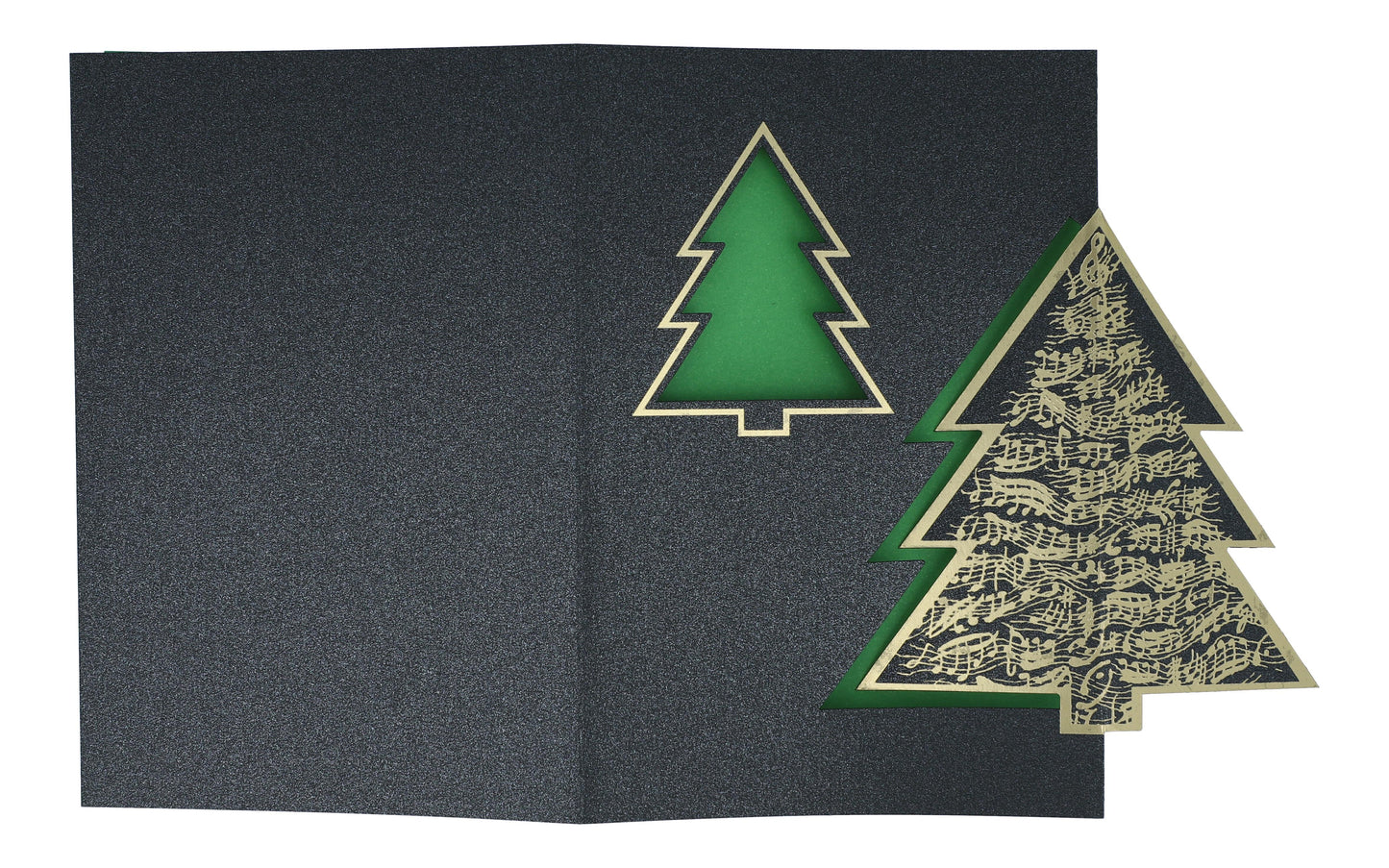 Double card Christmas tree with music lines, green-gold