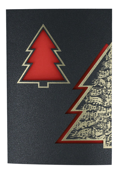 Double card Christmas tree with music lines, red-gold