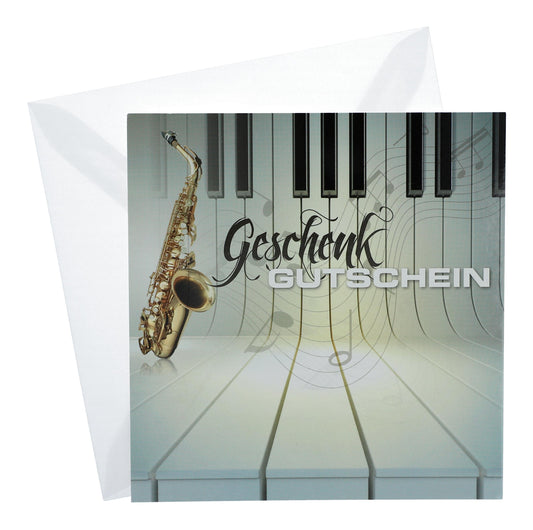 Gutscheinkarte mit Saxophon und Tastatur