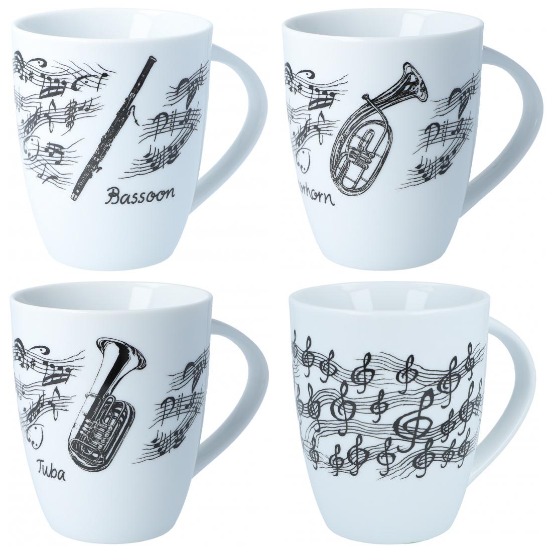 Henkelbecher bedruckt mit diversen Instrumenten und musikalischen Motiven