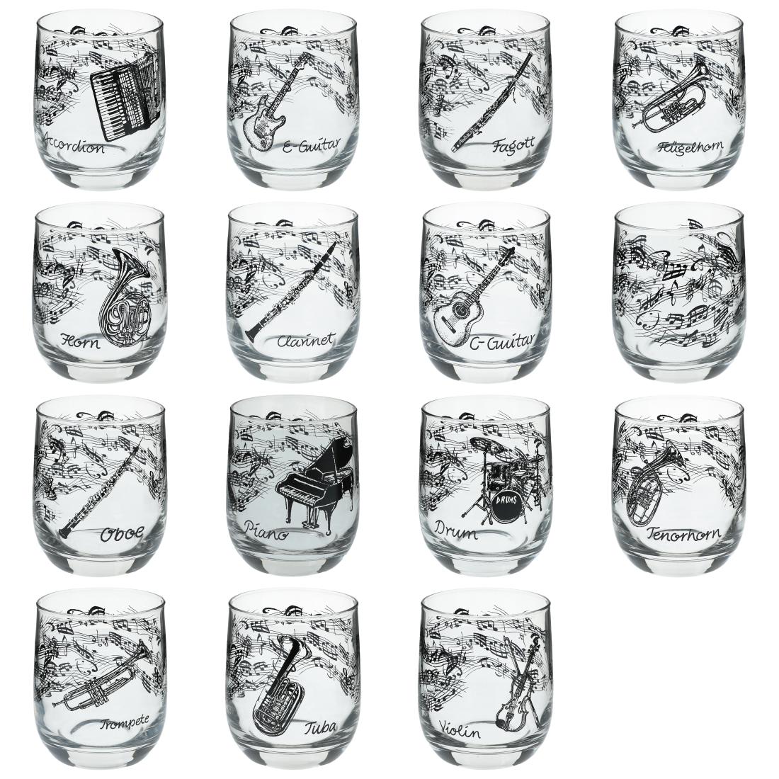 Glas mit Instrumenten und musikalischen Motiven