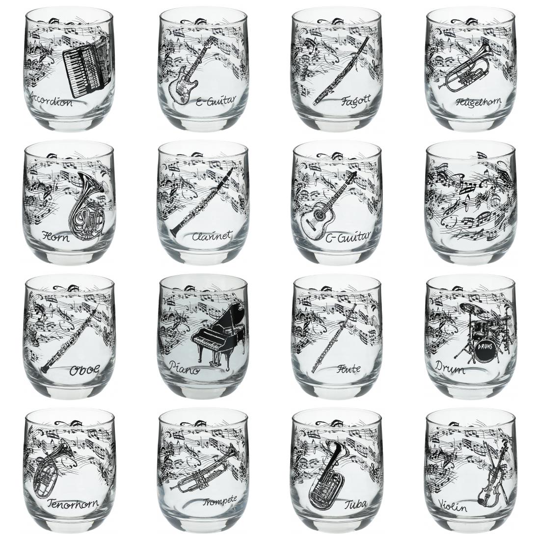 Glass with instruments and musical motifs
