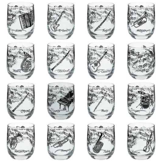 Glas mit Instrumenten und musikalischen Motiven