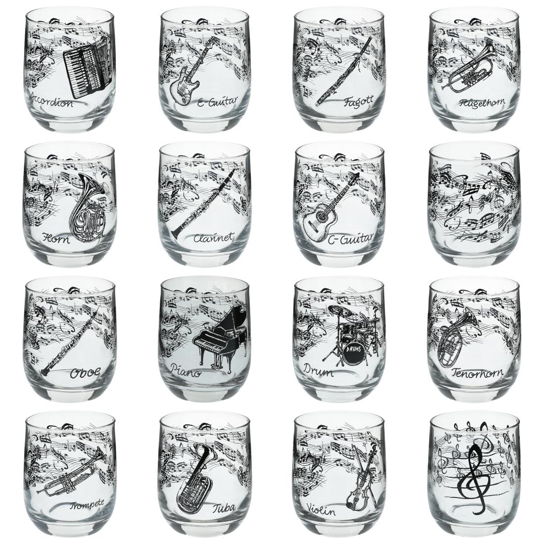 Glass with instruments and musical motifs