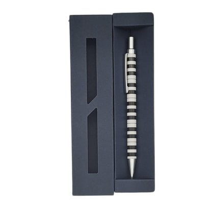 Music design ballpoint pen in dark blue cardboard gift box, notes, keyboard