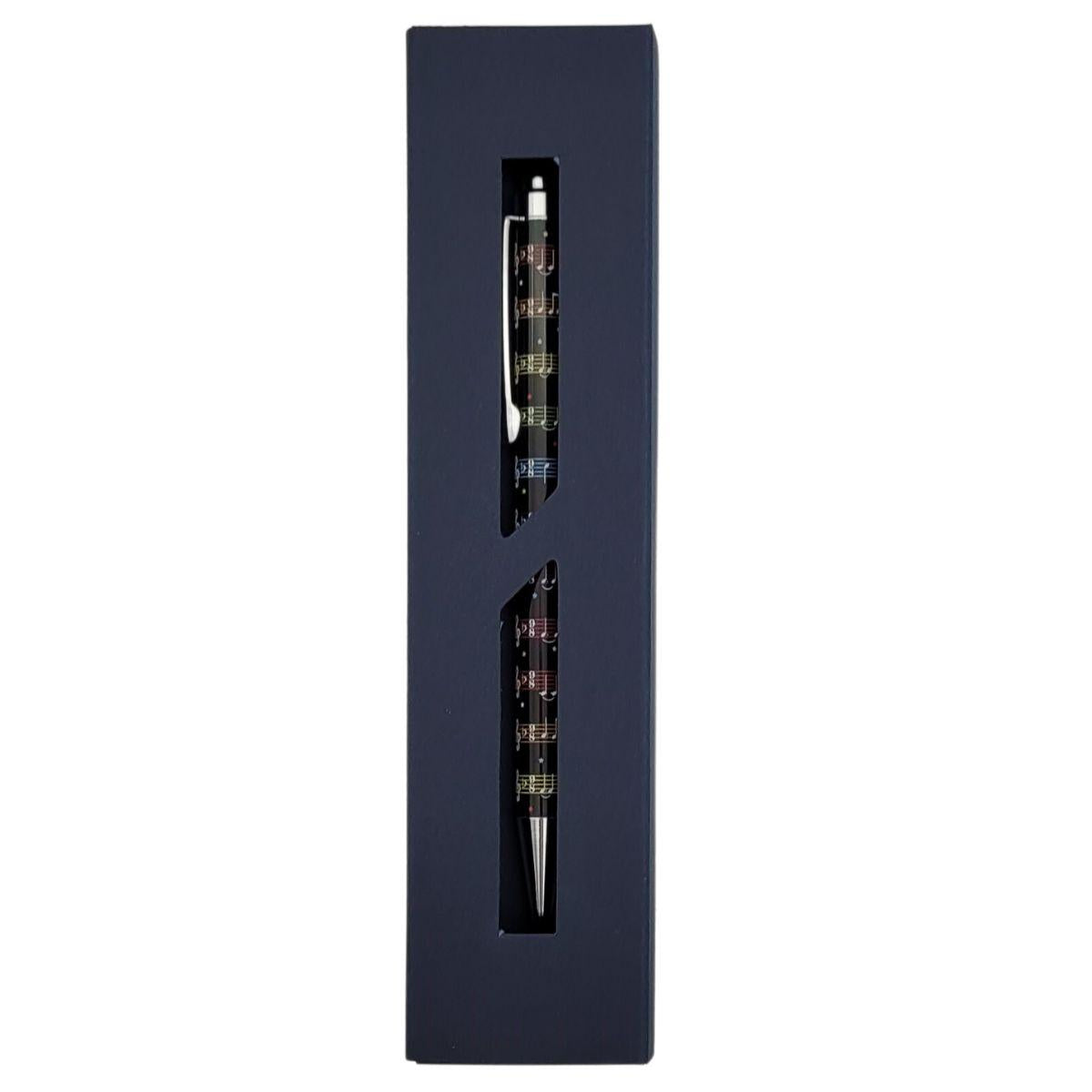 Music design ballpoint pen in dark blue cardboard gift box, notes, keyboard