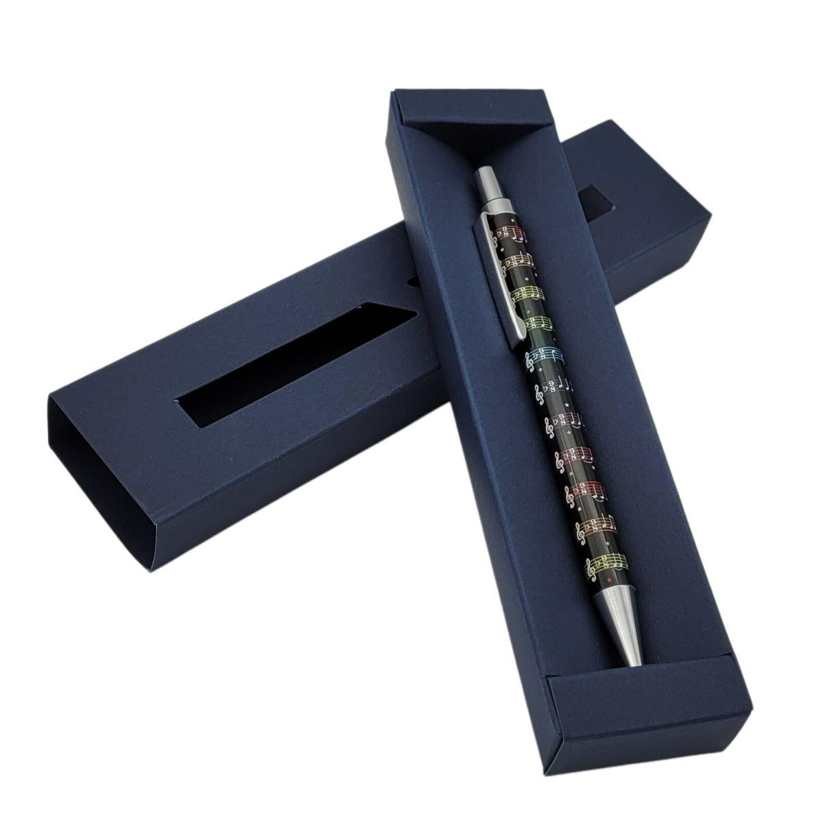 Music design ballpoint pen in dark blue cardboard gift box, notes, keyboard