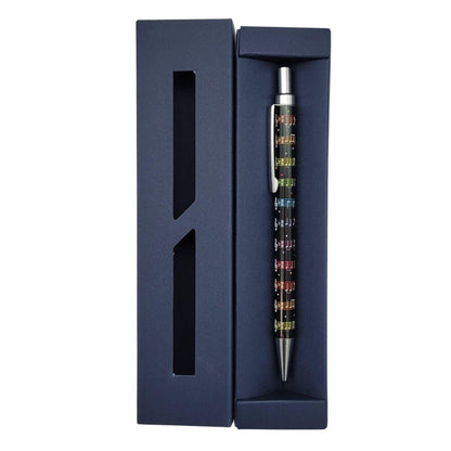 Music design ballpoint pen in dark blue cardboard gift box, notes, keyboard