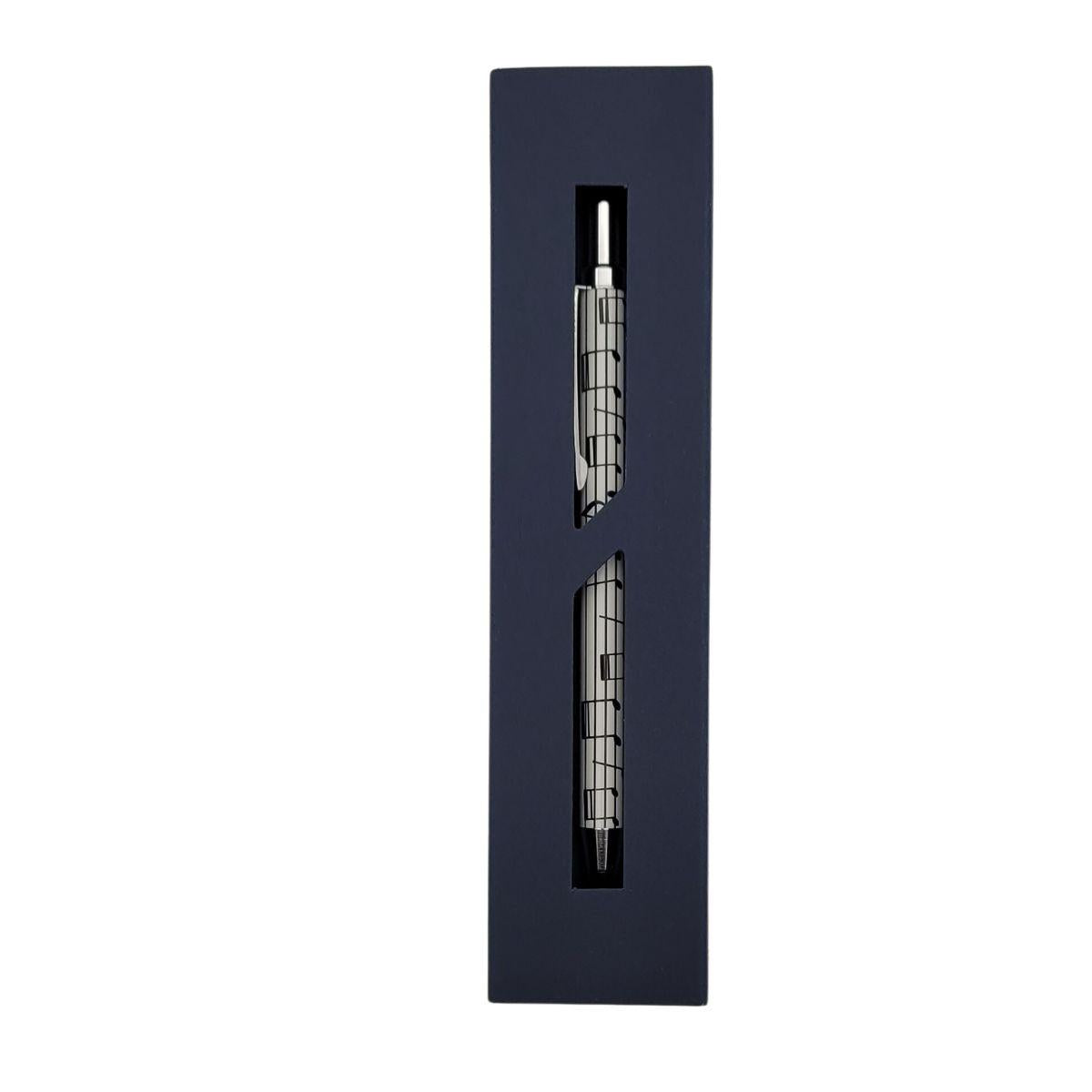 Music design ballpoint pen in dark blue cardboard gift box, notes, keyboard