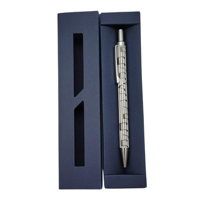 Music design ballpoint pen in dark blue cardboard gift box, notes, keyboard