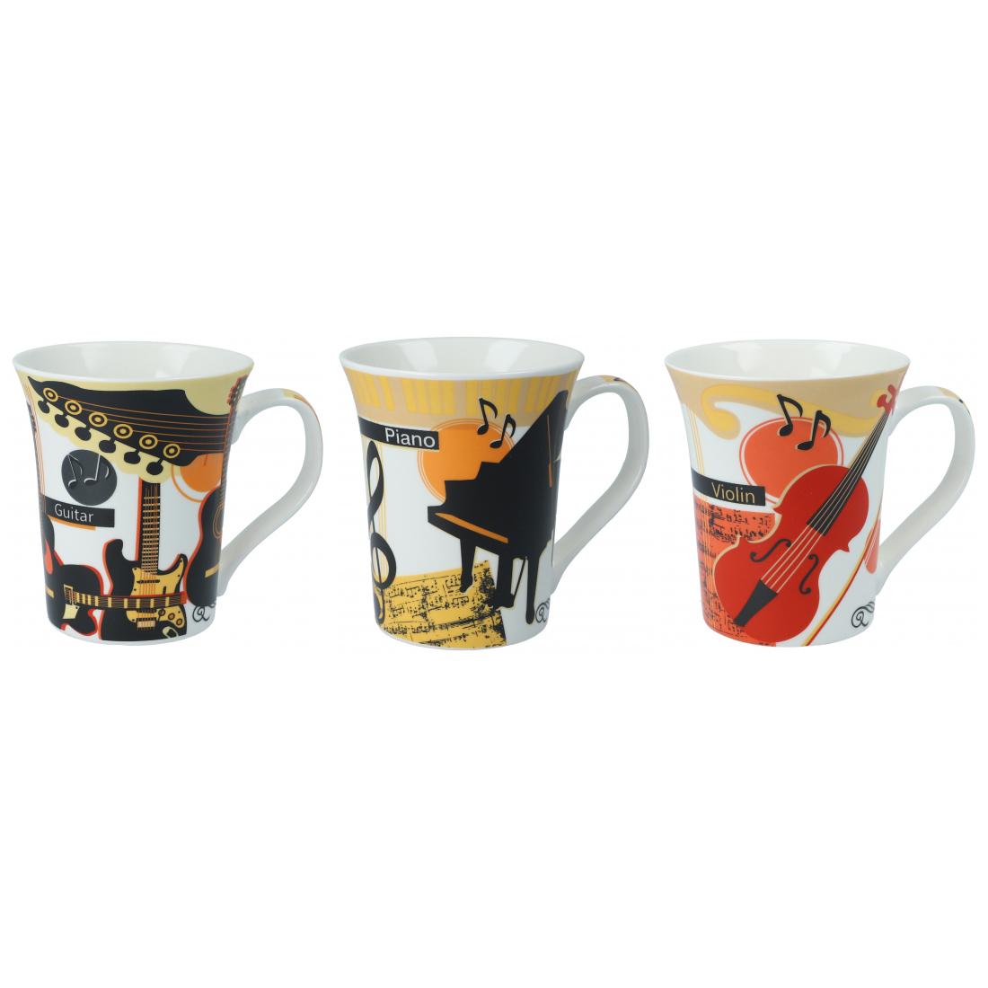 bunte Instrumenten-Kaffeebecher, Gitarren, Piano oder Violine