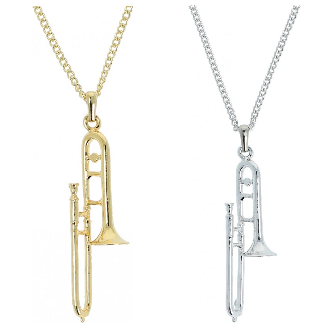 Trombone pendant, with chain, silver-plated or gold-plated, brass music