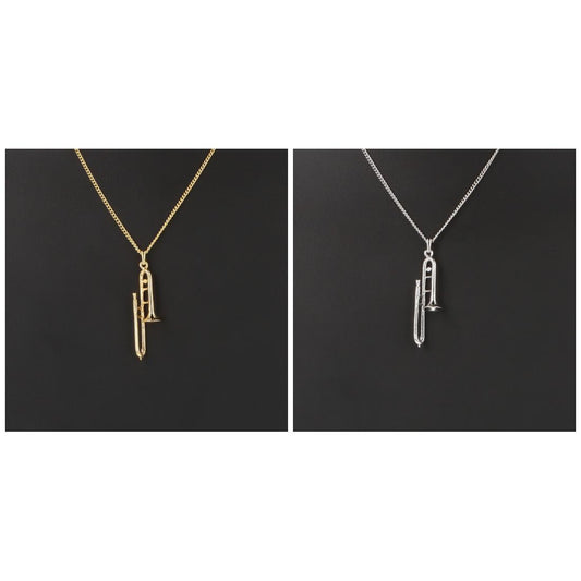 Trombone pendant, with chain, silver-plated or gold-plated, brass music