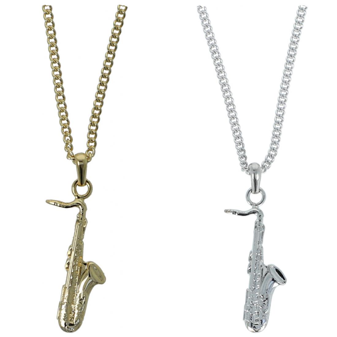 Saxophone pendant, with chain, silver-plated or gold-plated