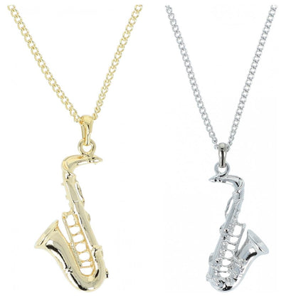 Saxophone pendant, with chain, silver-plated or gold-plated