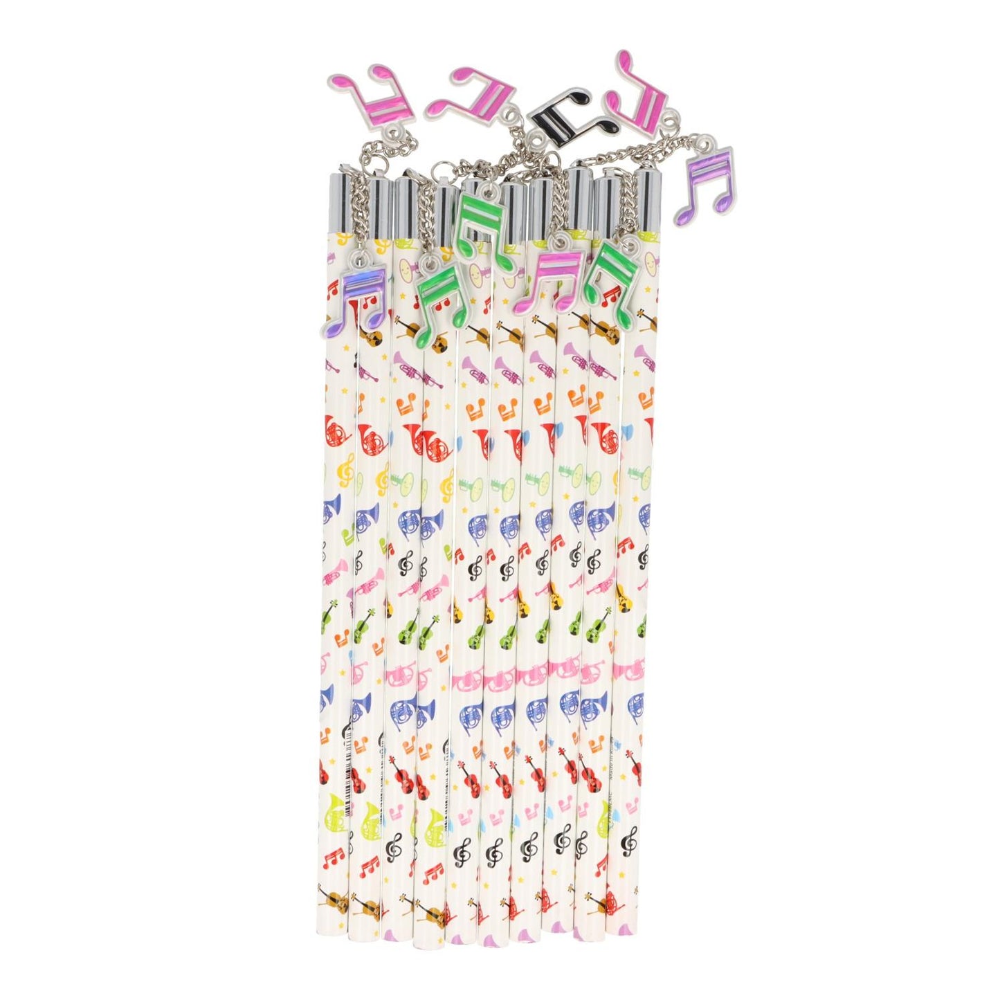 Pencils in white with a colorful mix of instruments and colorful sixteenth note pendants