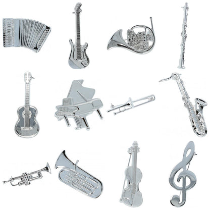 Instrument brooch, various designs, silver-plated