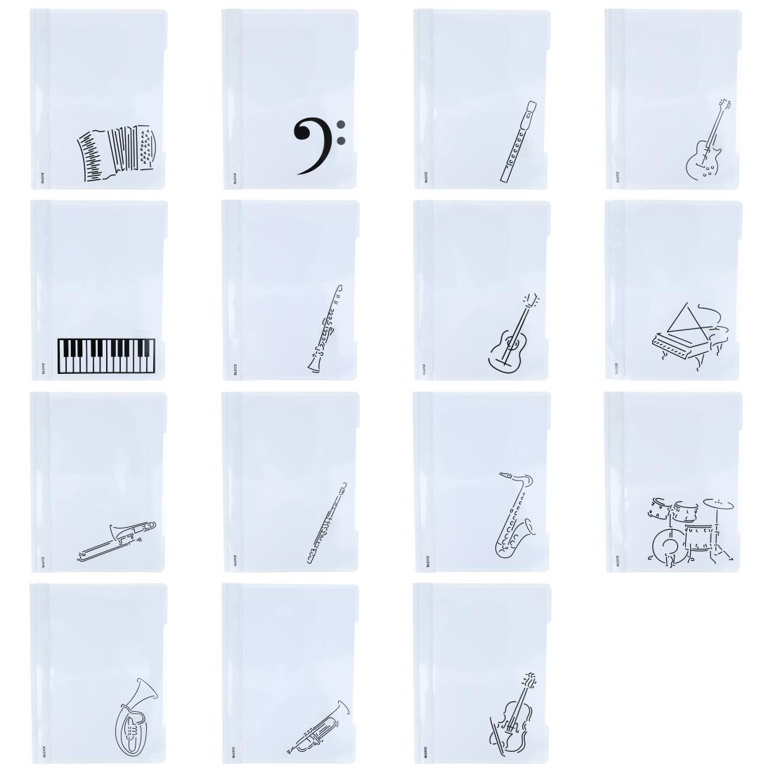 white folders with various instruments or musical notations