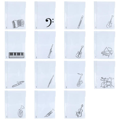 white folders with various instruments or musical notations