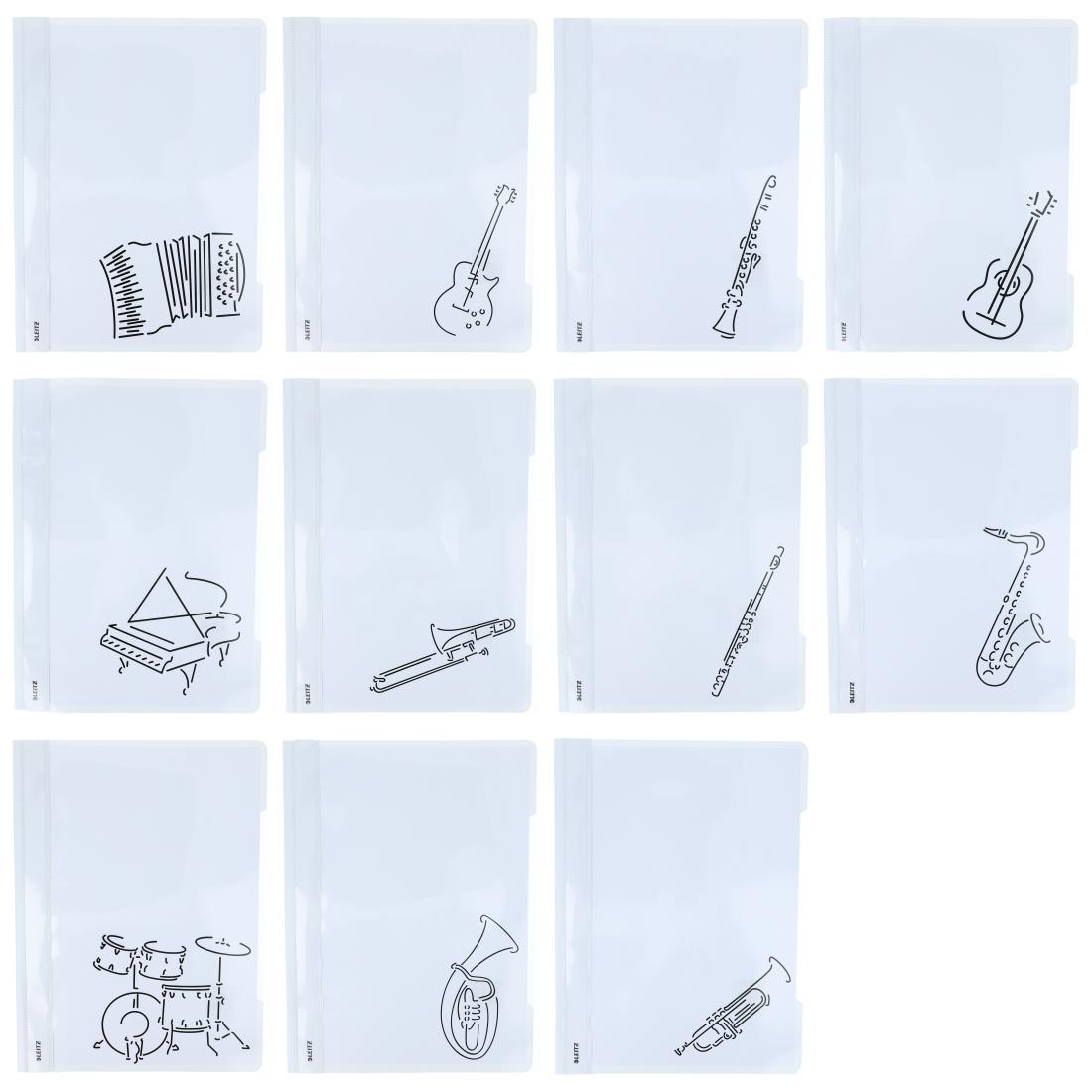 white folders with various instruments or musical notations