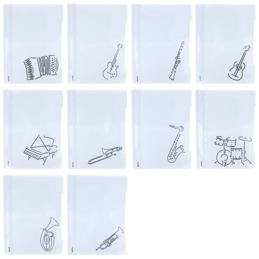 white folders with various instruments or musical notations