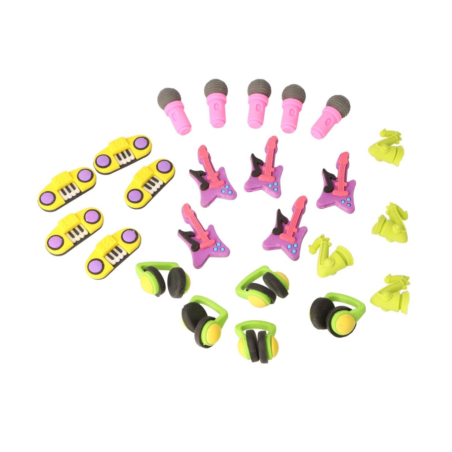 24-piece shaped erasers with musical motifs, electric guitar, microphone, radio, saxophone, headphones