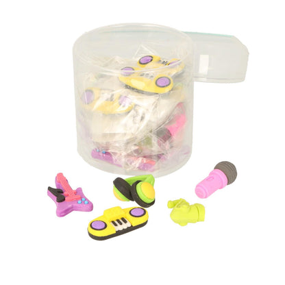 24-piece shaped erasers with musical motifs, electric guitar, microphone, radio, saxophone, headphones