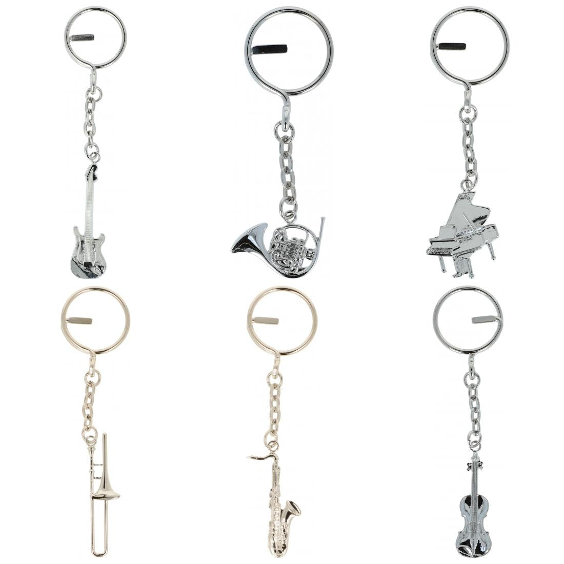 silver metal keychains shaped as instruments or treble clefs