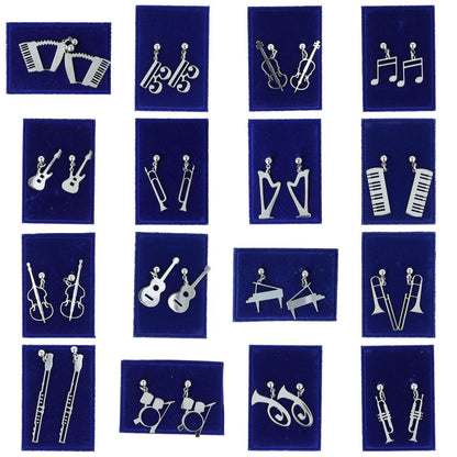 Pair of stainless steel earrings with various instruments or music clefs