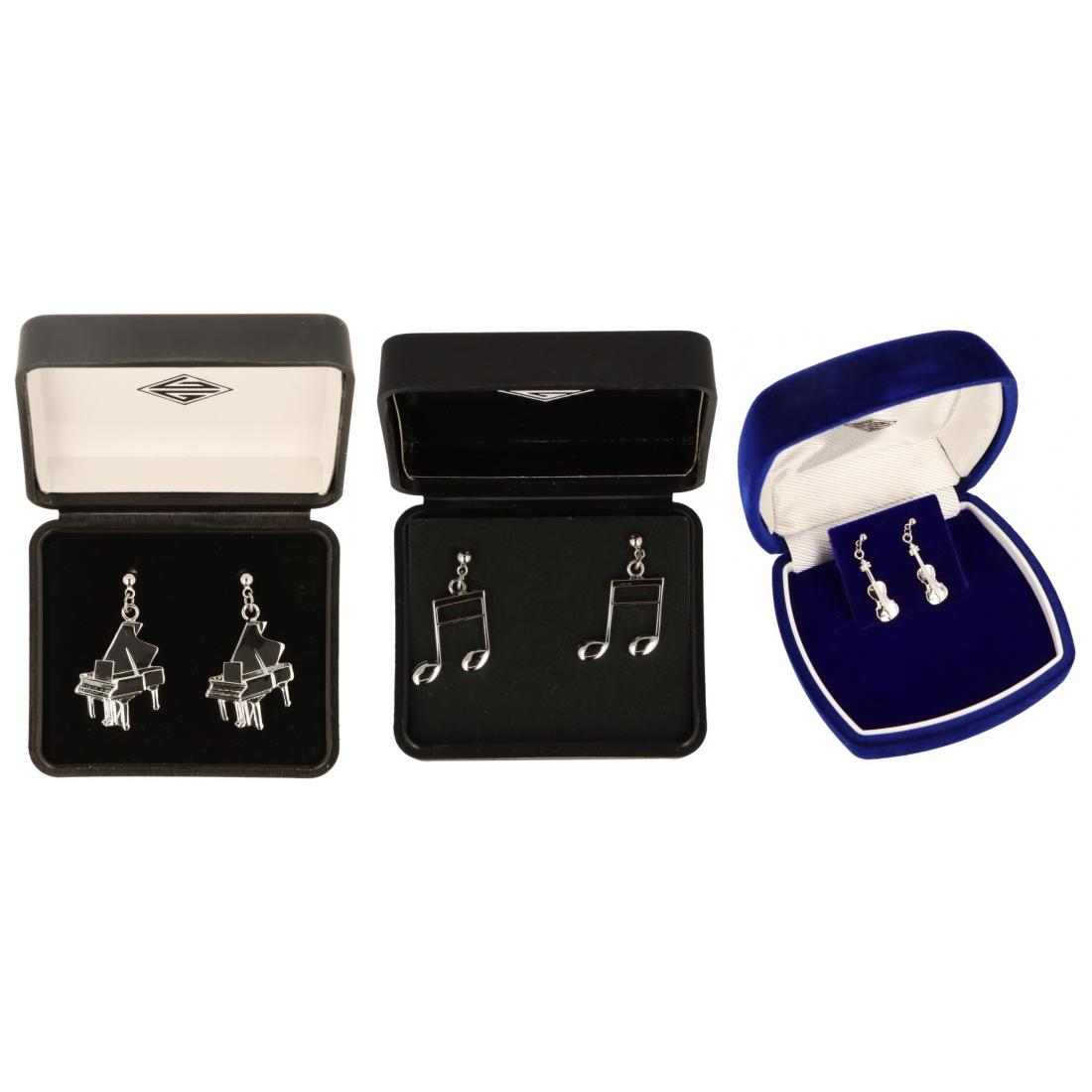 Earrings real silver, pair in gift box, piano, violin or sixteenth note