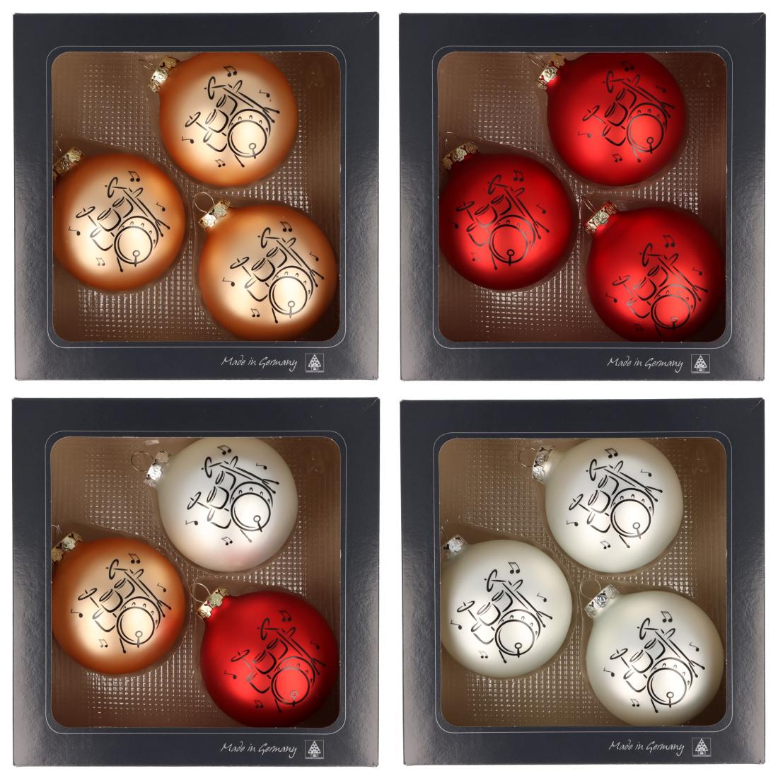 Set of 3 Christmas balls with drum print, various colors