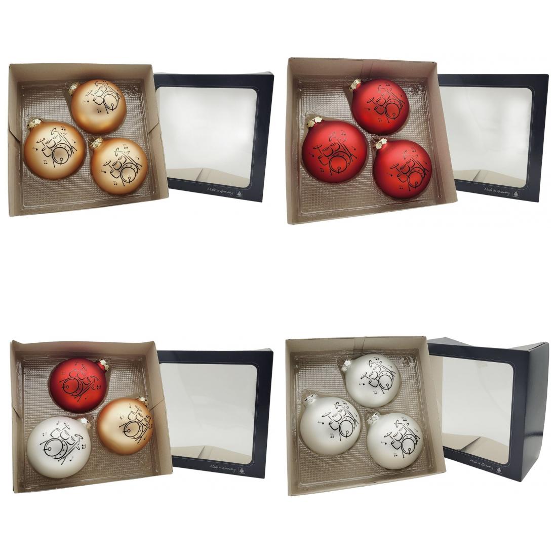 Set of 3 Christmas balls with drum print, various colors