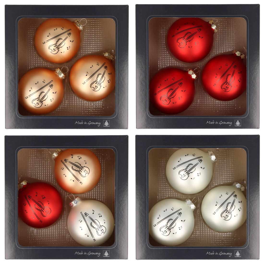 Set of 3 Christmas balls with violin print, various colors