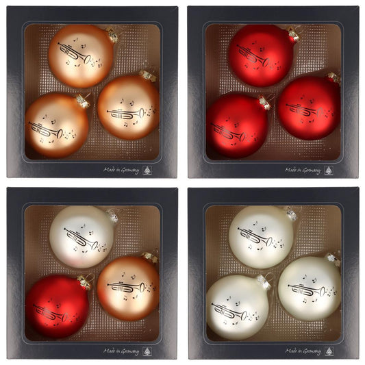 3er-Set Weihnachtskugeln mit Trompete-Druck, verschiedene Farben