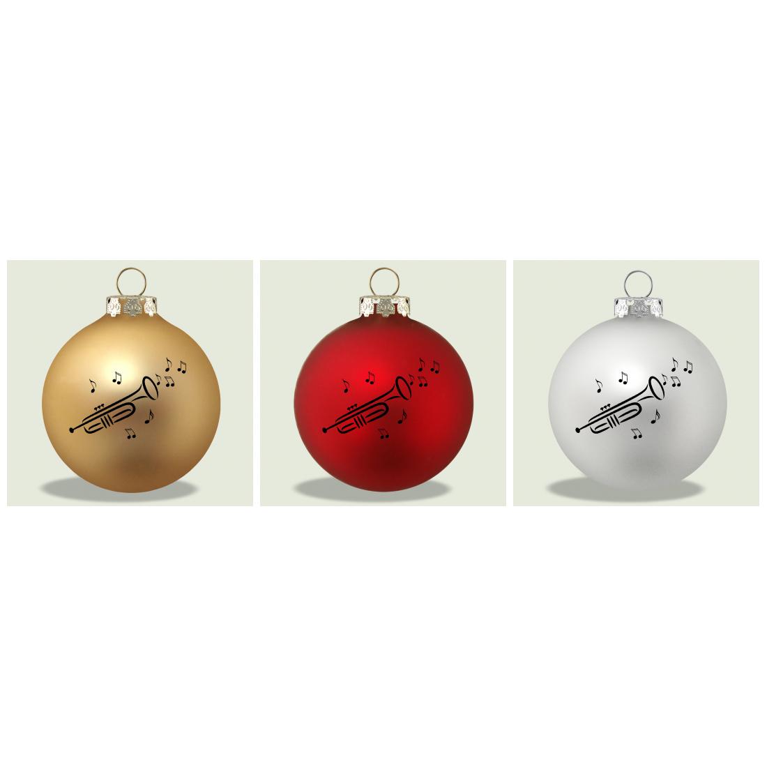 Set of 3 Christmas balls with trumpet print, various colors