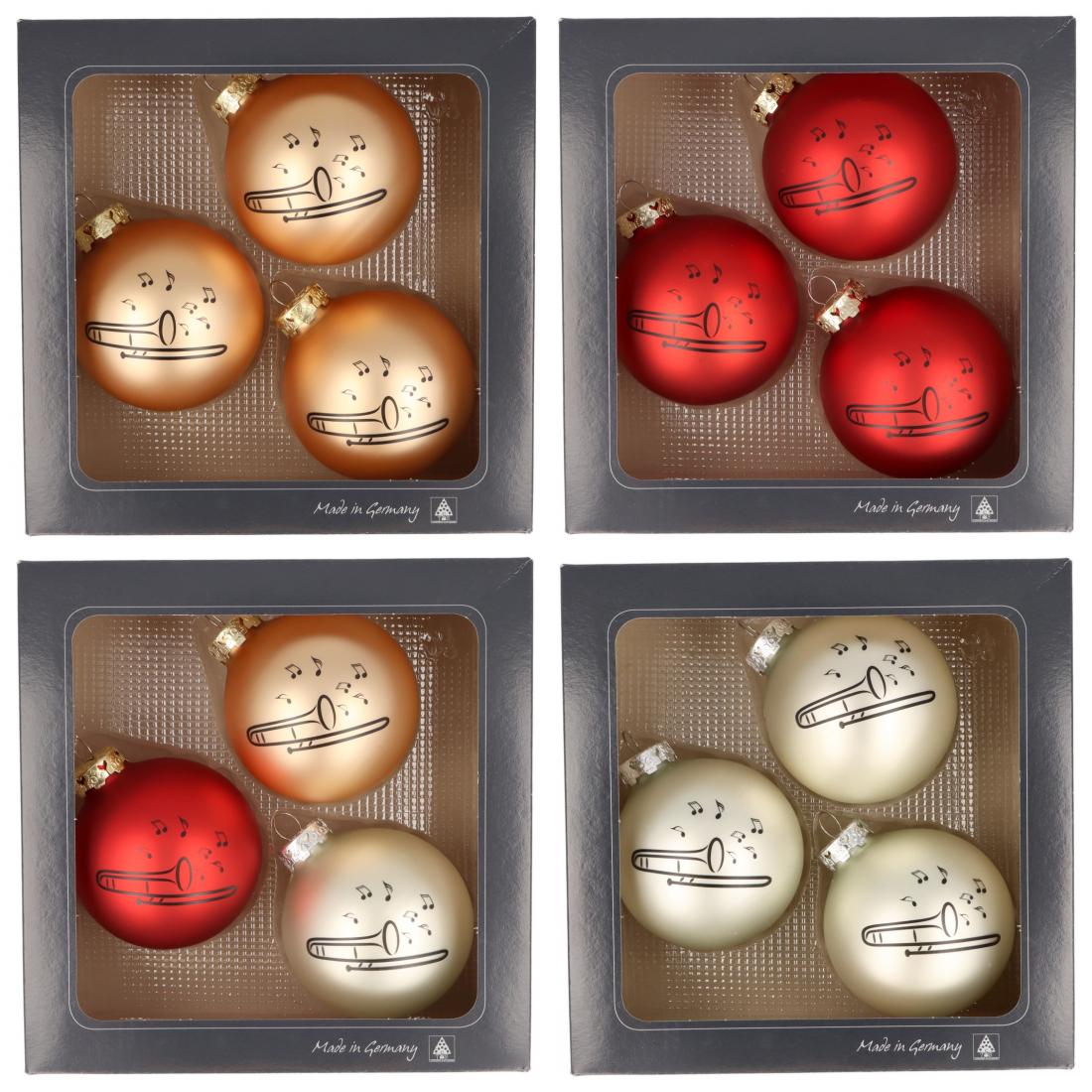 Set of 3 Christmas balls with trombone print, various colors