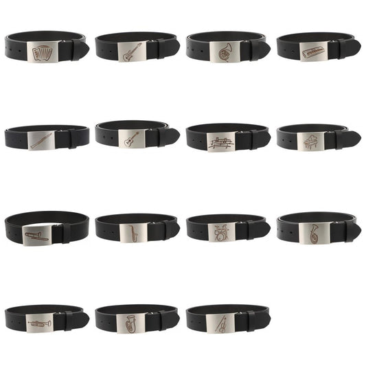 Ledergürtel und Schließe mit diversen Instrumenten und musikalischen Motiven