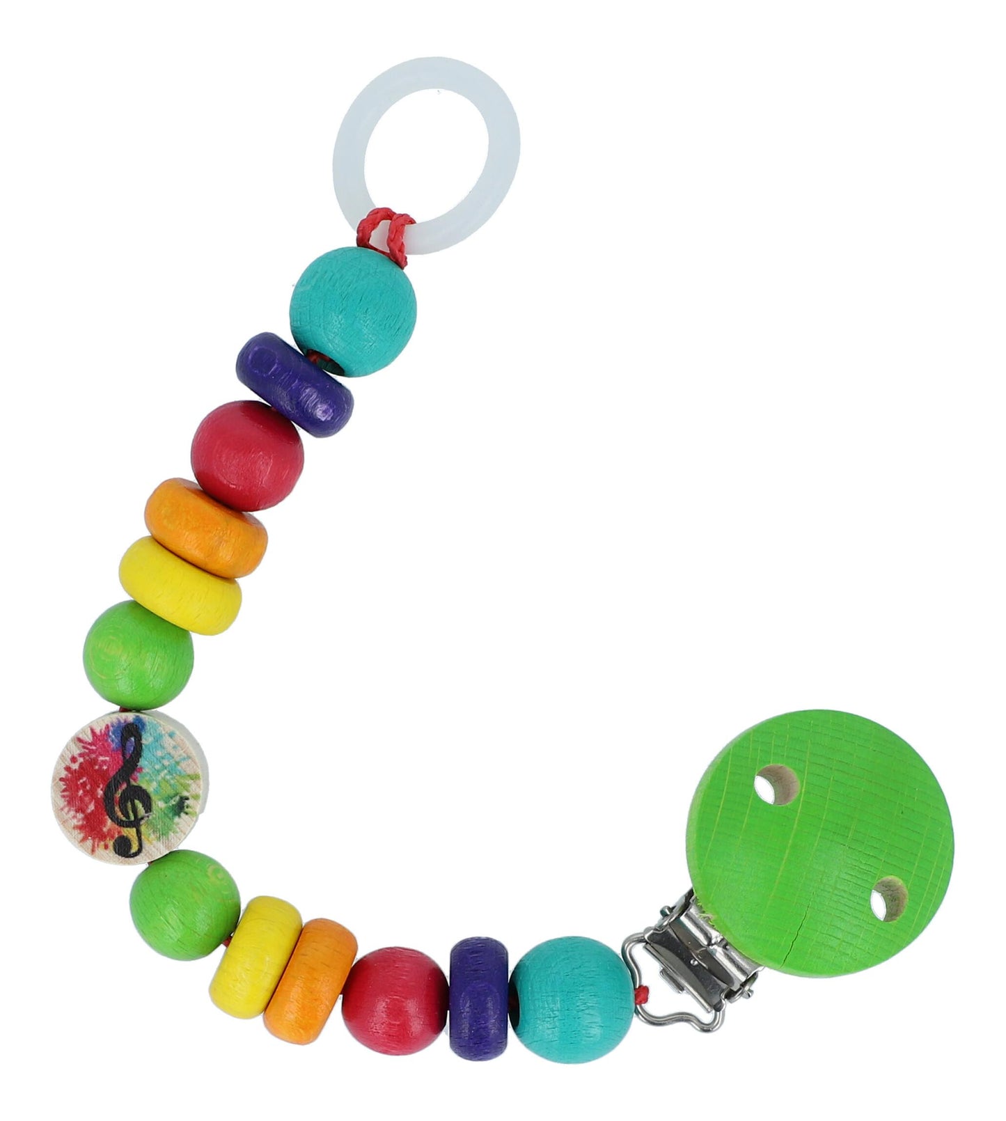 Baby gift set with colorful wooden mobile with notes and pacifier chain