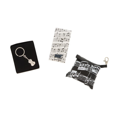 Gift set with shaped keychain, tissues and shopping bag