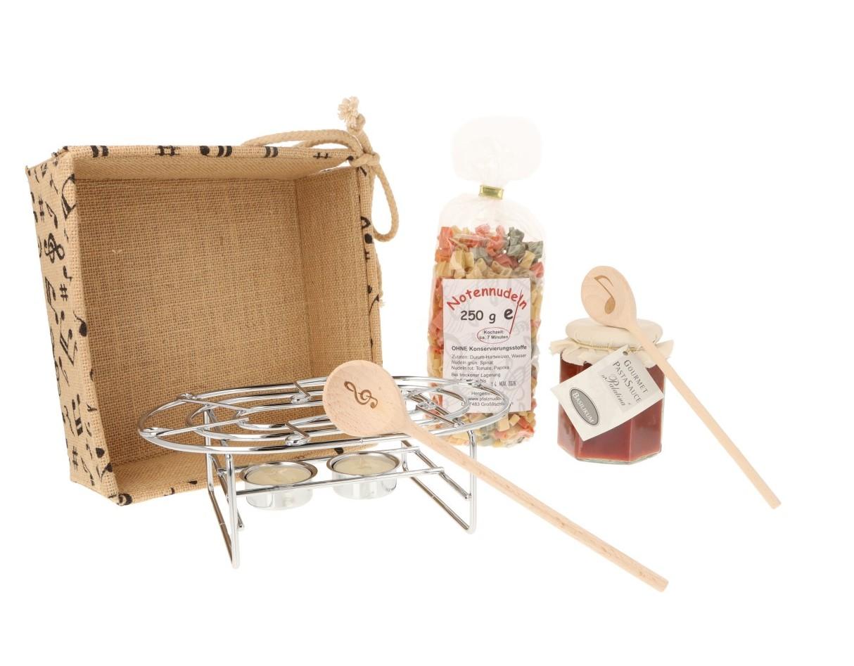 Gift box with food warmer, musical noodles, pasta sauce and mini cooking spoons