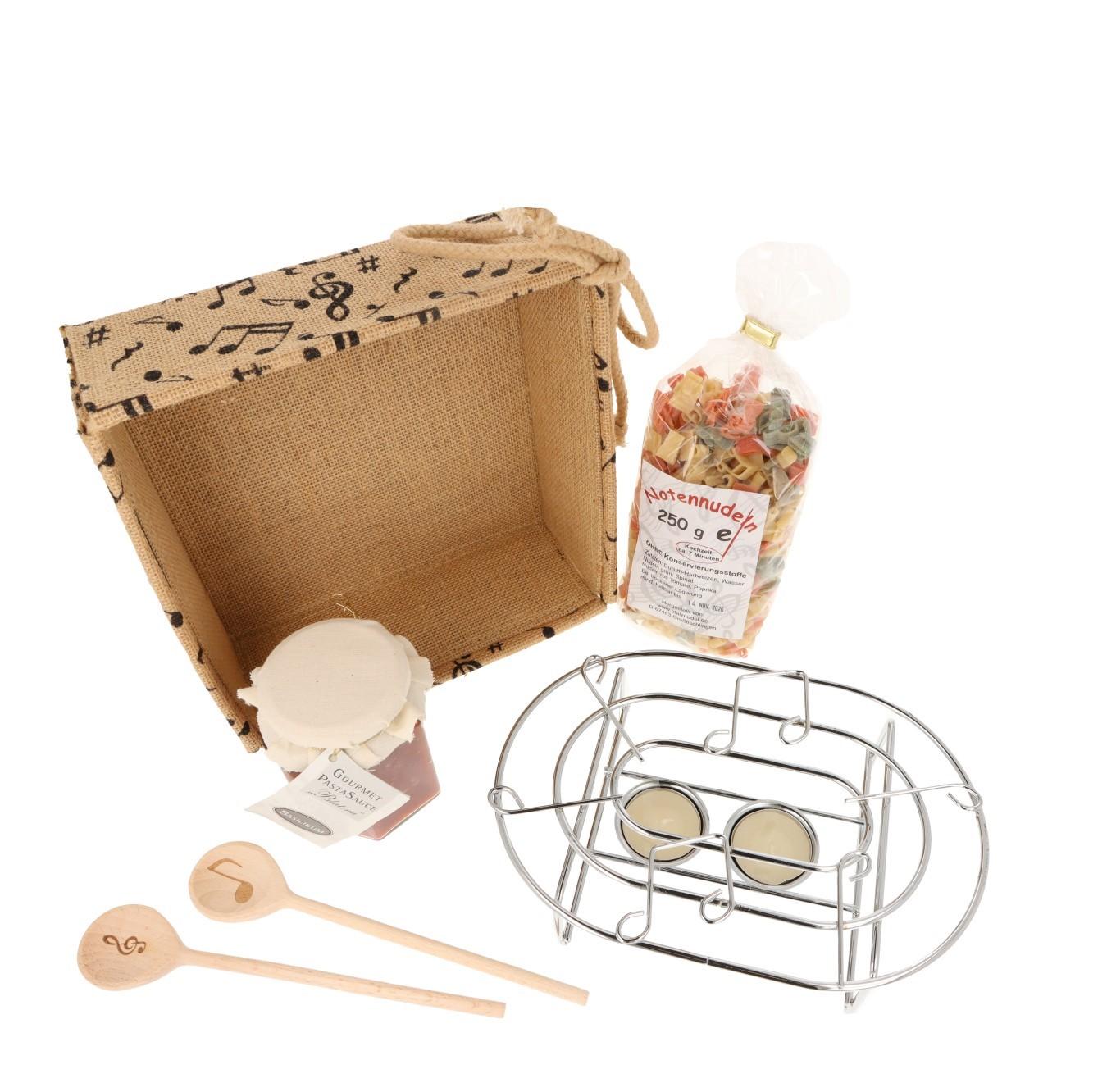 Gift box with food warmer, musical noodles, pasta sauce and mini cooking spoons