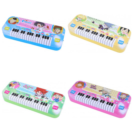 colorful pencil box with keyboard and "I love friends" motifs