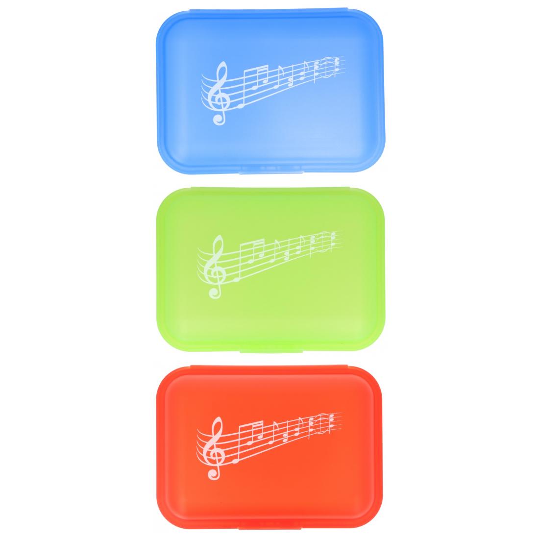 3 x lunch box with click closure and music note print, 3 colors - blue, lime and red