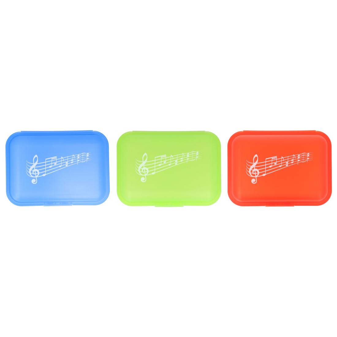 3 x lunch box with click closure and music note print, 3 colors - blue, lime and red