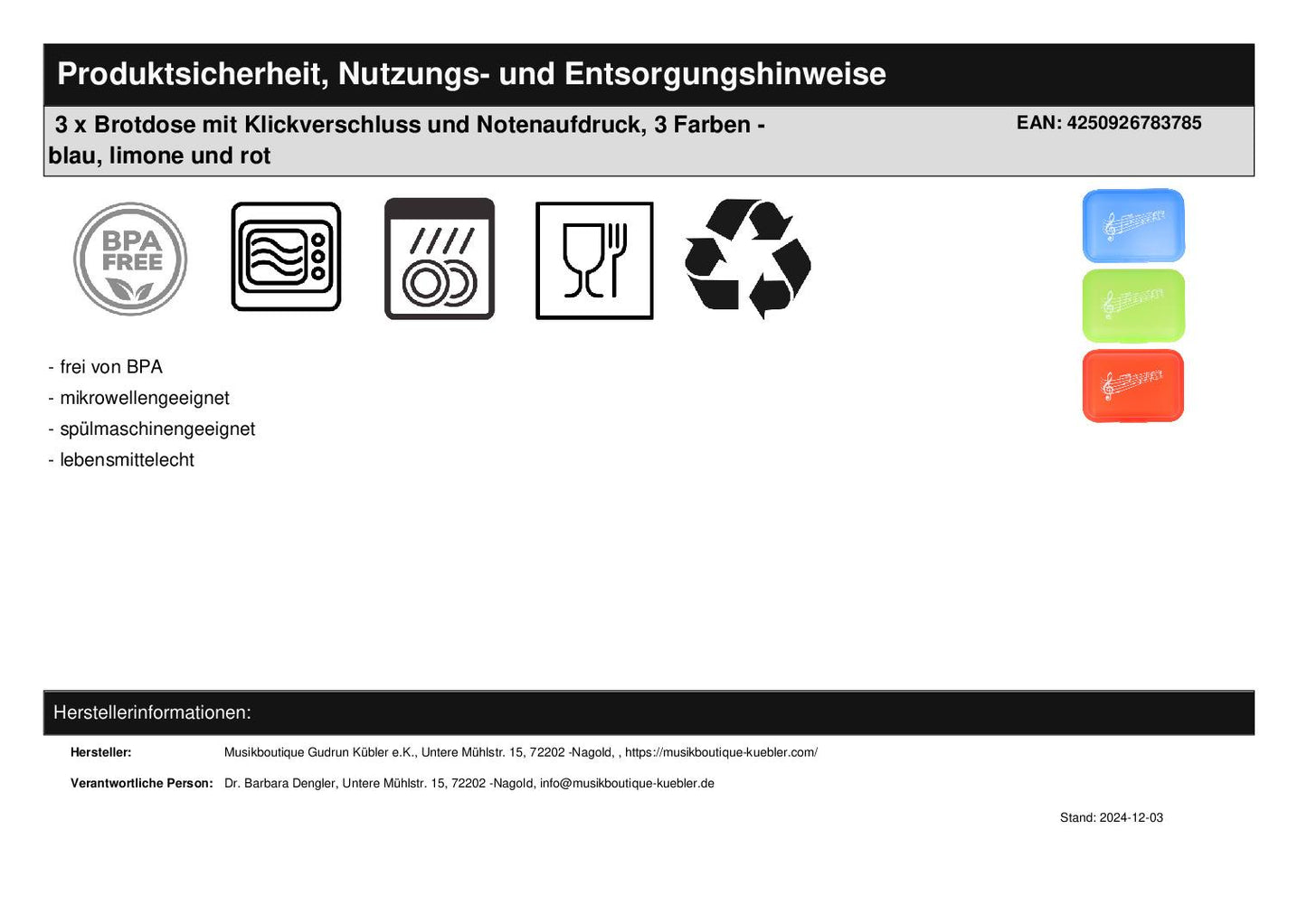 3 x lunch box with click closure and music note print, 3 colors - blue, lime and red