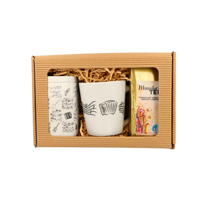 Geschenkset mit Musik-Henkelbecher, Musikertee und Teedose