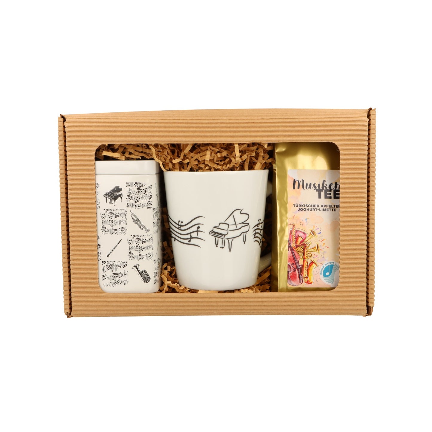Geschenkset mit Musik-Henkelbecher, Musikertee und Teedose