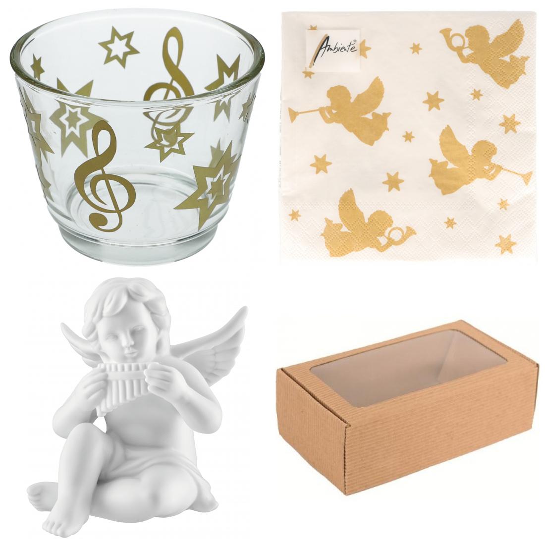 Gift set with angel, napkins and Christmas tealight glass with treble clef