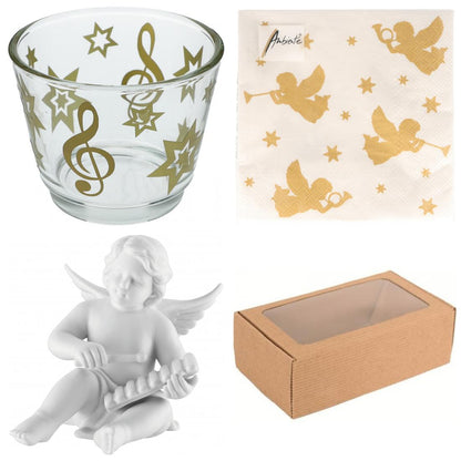 Gift set with angel, napkins and Christmas tealight glass with treble clef